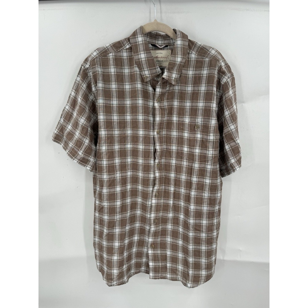 Weatherproof Button Down Shirt Men XL Brown Short‎ Sleeve Western Blue Collar